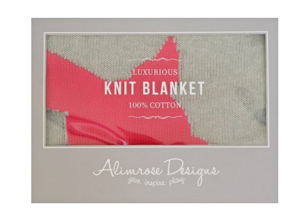 Alimrose knitted pram or cot blanket. 100% cotton Grey and pink deer. 70cm x 100cm