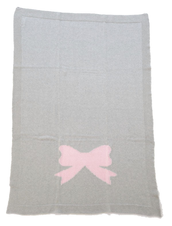 Alimrose knitted pram or cot blanket. 100% cotton Grey and pink bow. 70cm x 100cm