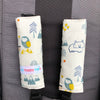 Black padded shoulder strap covers in a cute wilderness animals fabric with hook and loop closure. Will fit all pram harness straps for baby.